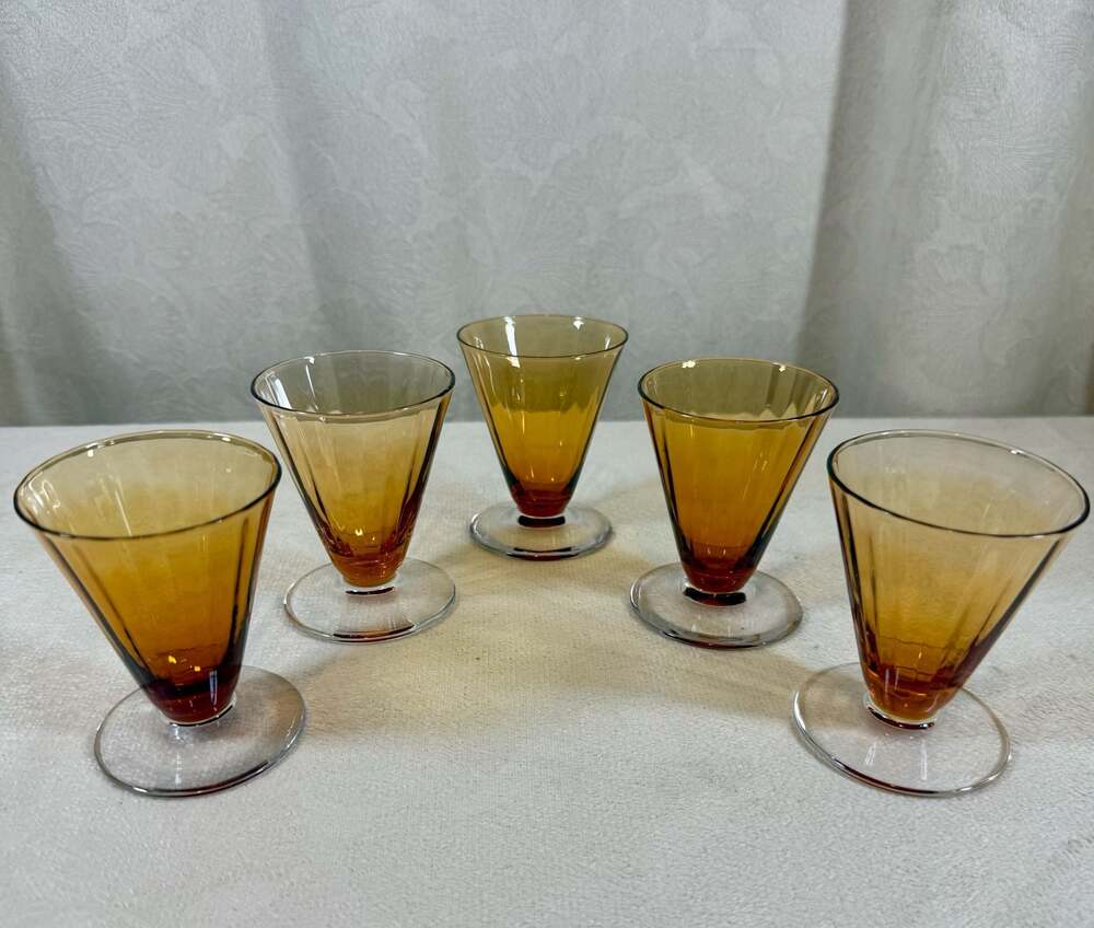 Set of 5 Vintage Tiffin Franciscan Amber Optic Footed Cordial Glasses